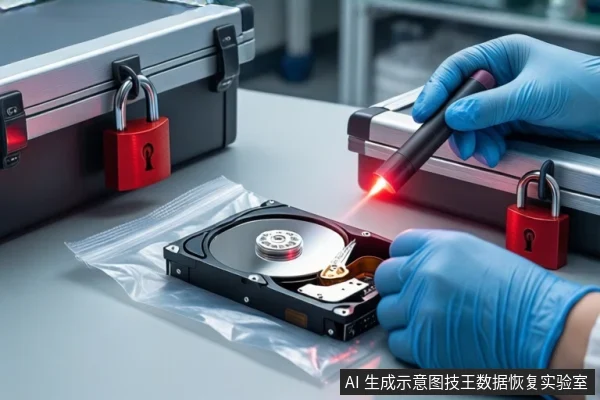 Blue-gloved hands use a red-lit tool on an open hard drive in a bag, near locked silver cases.
