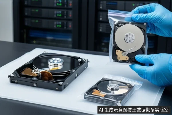 白色防静电工作台上,左侧平放一块打开外壳的机械硬盘,右侧一双戴蓝色手套的手正持握一个透明防静电袋,袋内装有另一块打开外壳的机械硬盘。背景为模糊的服务器机柜。
