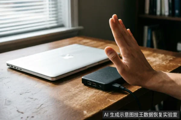 一只手掌在连接着笔记本电脑的黑色移动硬盘前做出停止手势，示意立即断电并停止操作。画面展示了数据恢复场景下禁止反复通电或重启的正确处理方式，强调保护原始数据状态。