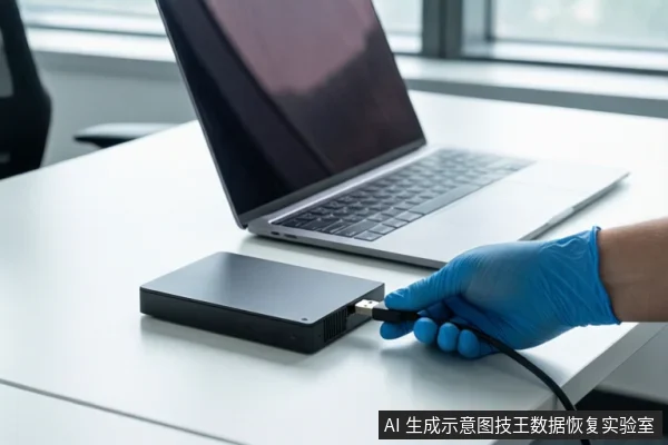白色桌面上有一台银色笔记本电脑和一个黑色外接硬盘盒。前景一只戴蓝色手套的手正将一根黑色USB线缆插入硬盘盒接口。背景是模糊的窗户。