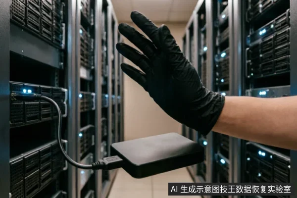 一只戴着黑色防静电手套的手悬停在连接着服务器机柜的移动硬盘上方,背景为排列整齐且亮着蓝灯的数据中心设备,展示了在专业机房环境下的硬件连接与排查场景。