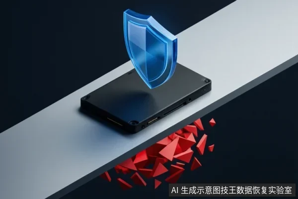 画面中一个黑色固态硬盘盒放置在白色台面上,上方悬浮着蓝色盾牌图标,台面下方有红色碎片状特效。