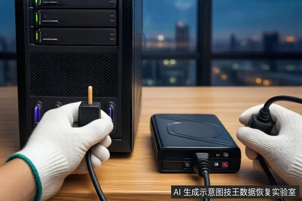木质桌面上,左侧是一台黑色台式主机,一只戴白色手套的手正握持黑色电源插头,将其插入主机前部接口。右侧平放一个黑色移动硬盘,另一只戴白色手套的手正握持硬盘线缆插头。背景为模糊的窗户和城市夜景。