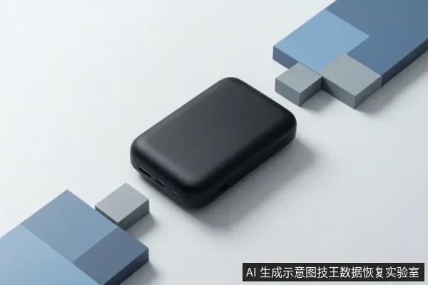 画面中央为一个黑色圆角矩形移动存储设备,侧面可见接口,周围摆放蓝色与灰色几何方块,背景为浅色平面。