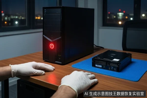 木质桌面上,左侧竖立一台黑色塔式主机,正面电源按钮亮红灯。右侧蓝色防静电垫上平放一个黑色外接硬盘盒。前景一双戴白手套的手平放在桌边。背景为模糊的窗户和城市夜景。