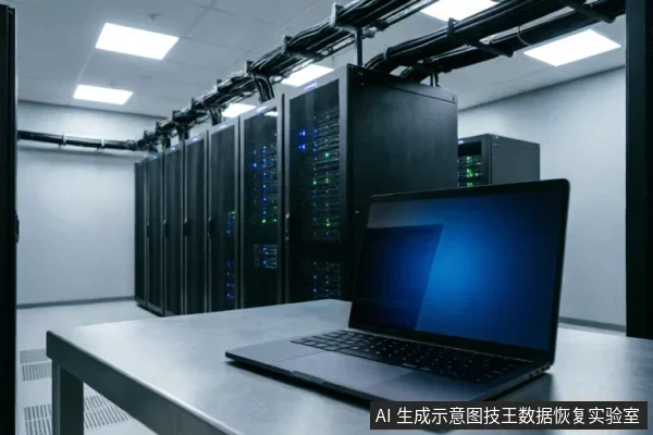 前景金属桌面上放置一台打开的笔记本电脑,屏幕显示蓝色界面。背景为数据中心机房环境,排列着多列黑色服务器机柜,机柜上亮着蓝绿色指示灯,天花板有线缆桥架。