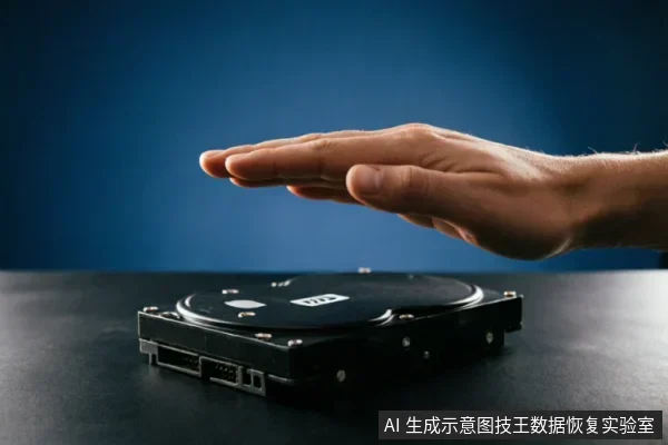 一只手掌悬停在一块平放于桌面的机械硬盘上方,呈现出阻止或保护的手势。硬盘侧面可见SATA数据与电源接口,背景为深蓝色渐变,画面无其他文字或标识。
