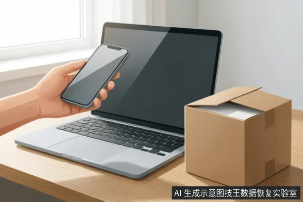 木质桌面上放置着一台打开的笔记本电脑,左侧一只手正握持一部智能手机,右侧放着一个已打开盖子的棕色快递纸箱。画面展示了电子设备与寄修包装箱的组合场景,无屏幕文字或操作细节。