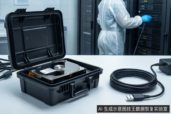 洁净室白色桌面上,左侧黑色防震箱打开,箱内平放一块机械硬盘。右侧盘绕着一根黑色USB数据线。背景中一名穿无尘服的技术人员站在服务器机柜旁。
