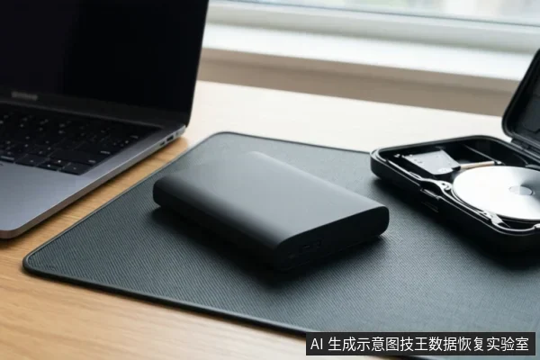 木质桌面上放置一台笔记本电脑、一块黑色移动硬盘和一台打开的便携式CD播放机,移动硬盘位于黑色垫子上。