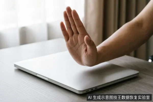 一只手掌在闭合的笔记本电脑上方做出明显的停止手势，示意拒绝操作或立即中断。画面背景为桌面环境，通过肢体语言直观传达在设备出现异常时应保持静止、禁止继续通电或写入数据的紧急止损原则。