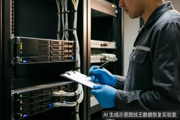 一名身穿深色工装、佩戴蓝色手套的技术人员站在服务器机柜前,正手持笔在剪贴板上记录设备状态。机柜内的服务器模块亮着指示灯并连接着线缆,展现了专业环境下的硬件检查与数据记录过程。