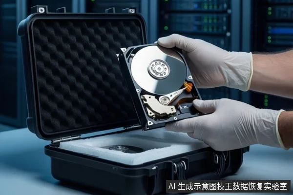 数据中心机房内，深色台面上放着一个打开的黑色防震箱，箱内白色泡沫中嵌着一块打开外壳的机械硬盘。右侧一双戴白手套的手正握持另一块裸露的机械硬盘，可见金属盘片与磁头组件。背景是模糊的服务器机柜。
