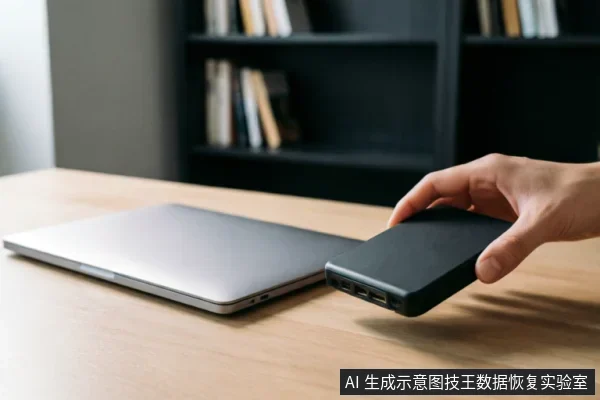 一只未戴手套的手正拿着黑色移动硬盘靠近闭合的银色笔记本电脑,准备进行连接或断开操作。背景为模糊的书架和木质桌面,展示了移动存储设备与电脑交互的典型场景。