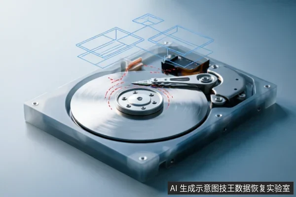 An open hard drive with a spinning platter and actuator arm, featuring blue holographic data structures floating above to visualize logical file systems.