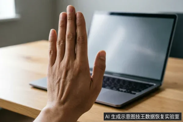 画面展示了一只手在木质桌面上竖起手掌,做出明确的停止手势。背景虚化显示一台打开的笔记本电脑,暗示面对电子设备故障时应立即停止操作、切断电源或拒绝进一步尝试,以保护数据安全。