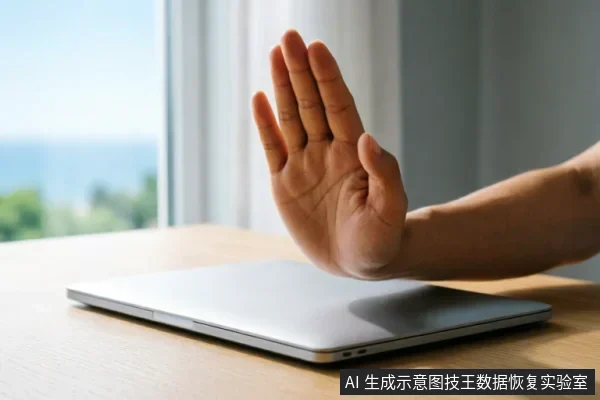 一只手掌在闭合的银色笔记本电脑前做出“停止”手势，示意拒绝或暂停操作。背景为明亮的窗边环境，画面传达出在数据恢复过程中保持谨慎、避免误操作以保护原始介质的警示含义。