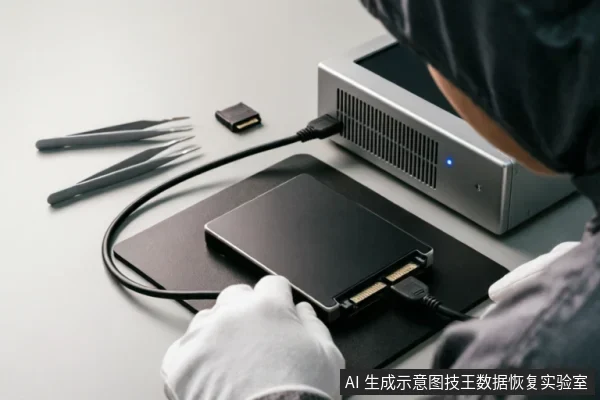 画面展示了一名佩戴白色手套的技术人员正在操作一块裸露接口的机械硬盘。硬盘通过数据线连接至右侧带有蓝色指示灯的银色金属盒状设备（疑似只读锁或写入保护器），桌面上放置有精密镊子和存储卡，呈现专业的数据恢复硬件环境。