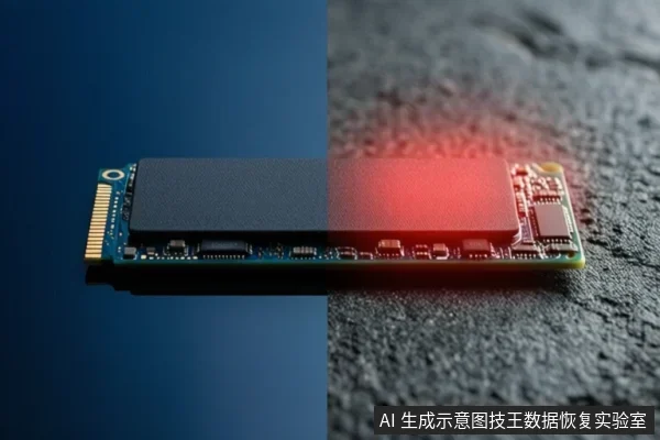 画面中展示了一块M.2 NVMe固态硬盘，其表面覆盖有黑色散热片。图片右侧通过红色光晕特效高亮了硬盘的芯片区域，背景为深色纹理表面。