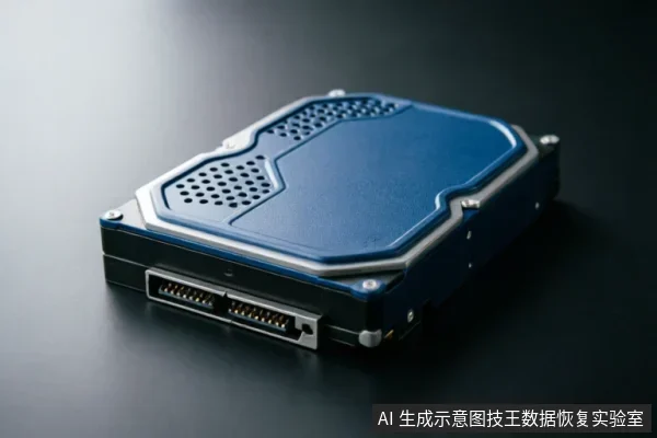 一张蓝色顶盖的机械硬盘静置于深色背景上,侧面清晰展示了SATA数据与供电接口。画面无文字,主体完整,用于示意需要检查外部连接链路的故障硬盘状态。