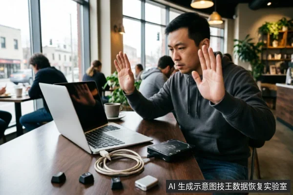 一名男子坐在咖啡馆桌前,面对笔记本电脑举起双手做出拒绝或无奈的手势。桌面上摆放着黑色移动硬盘、卷起的白色数据线及几个小型电子配件,生动表现了设备连接故障时的排查困境。