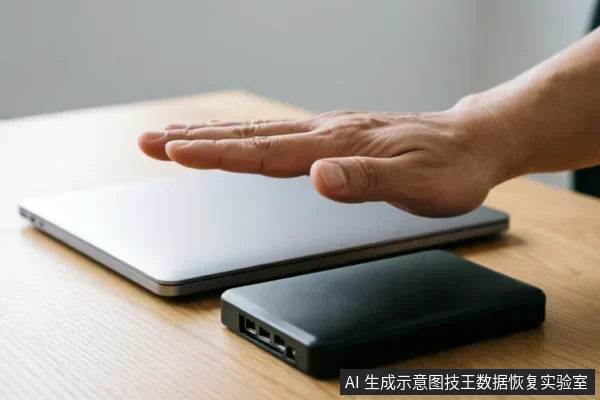 一只手掌悬停在闭合的银色笔记本电脑上方,做出停止或拒绝的手势。电脑前方放置着一个黑色的外接移动硬盘盒,桌面环境整洁,无其他干扰物体。