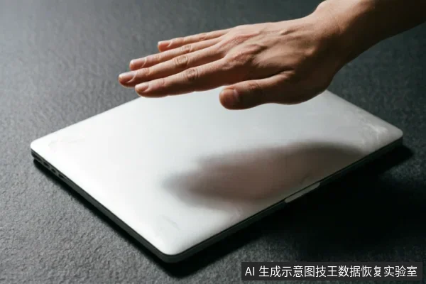 一只手掌悬停在一台闭合的银白色笔记本电脑上方,设备放置在深色纹理桌面上。画面展示了在笔记本发出异常声响故障时,用户停止操作并断电检查的场景,体现了紧急止损与保护介质的意图。