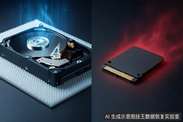 画面分为左右两部分,左侧白色泡沫垫上平放一块打开外壳的机械硬盘,可见盘片和磁头组件;右侧深色背景中平放一块黑色固态硬盘,接口处可见金色触点,周围有红色光效。