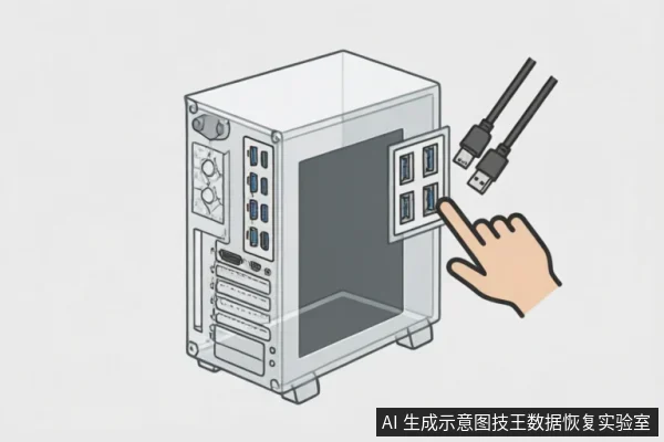 一张电脑机箱背部的示意图,展示了一只手正指向一个带有多个USB接口的扩展面板,旁边悬浮着两根USB数据线,示意进行接口切换或线缆连接的操作。
