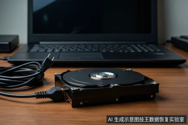 木质桌面上平放一块打开外壳的机械硬盘,可见金属盘片与主轴电机。左侧有一台打开的黑色笔记本电脑,屏幕黑屏。硬盘前端连接着一根黑色线缆,线缆另一端盘绕在桌面上。画面中没有人员操作。