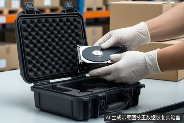仓库环境中,白色桌面上放置一个打开的黑色防震箱,箱内为黑色防震泡沫。一双戴白色手套的手正扶握一块打开外壳的机械硬盘,准备放入泡沫中。背景可见货架和堆叠的纸箱。