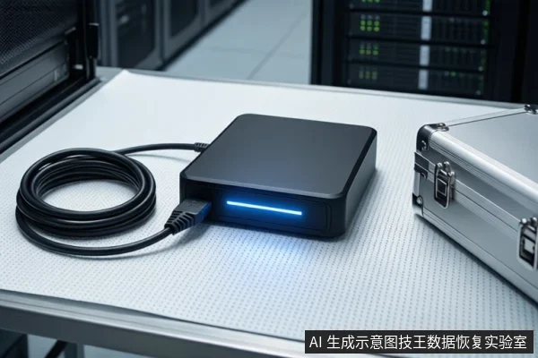 洁净室白色桌面上,平放一个黑色方形存储设备,正面亮着蓝色指示灯,左侧连接一根盘绕的黑色线缆,右侧为银色金属防震箱,背景可见服务器机柜。
