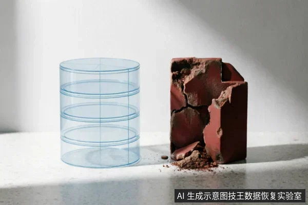 画面左侧为一个透明的蓝色线框圆柱体,象征虚拟的数据结构或逻辑容器;右侧为一块严重破碎、崩裂的红砖,伴有碎屑散落。两者并置在白色台面上,通过光影对比,直观隐喻了数据逻辑结构与物理介质损坏之间的脆弱关系及结构性缺失。