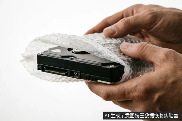 一双男性的手正拿着气泡膜包裹的黑色机械硬盘,展示使用缓冲材料对硬盘进行安全包装的过程。画面聚焦于手部动作与硬盘接口细节,体现了寄修前防止震动损坏的防护措施。