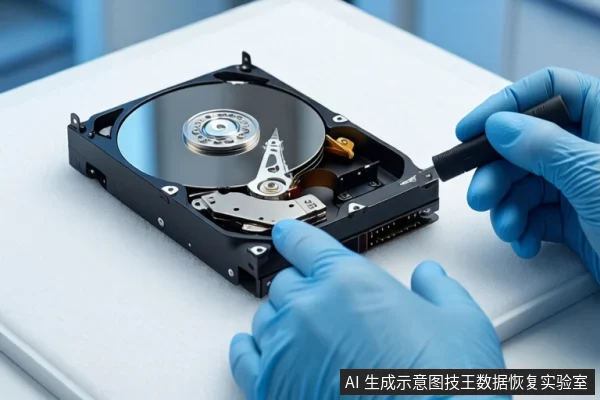 白色防静电垫上平放一块打开外壳的机械硬盘,可见盘片、主轴和磁头臂。右侧一双戴蓝色手套的手正持握一个黑色小工具,指向硬盘内部组件。背景为模糊的实验室环境。