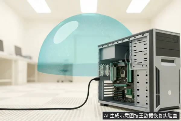 一台侧板打开的台式电脑主机,内部主板与硬件清晰可见。一个半透明的青色半球体罩在主机上方,象征洁净室环境或数据保护屏障。背景为模糊处理的明亮无尘实验室空间,强调专业修复所需的隔离环境。