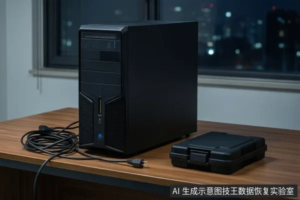 木质桌面上竖立着一台黑色台式主机,前方盘绕着一根黑色电源线,右侧放置一个闭合的黑色防震箱,背景为模糊的窗户和城市夜景。