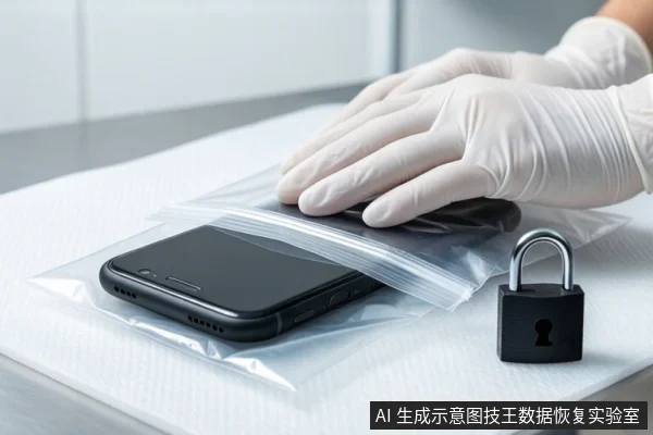 白色桌面上,一只戴白色手套的手正按压一个透明防静电袋,袋内装有一部黑色智能手机。右侧放置一个闭合的黑色挂锁。