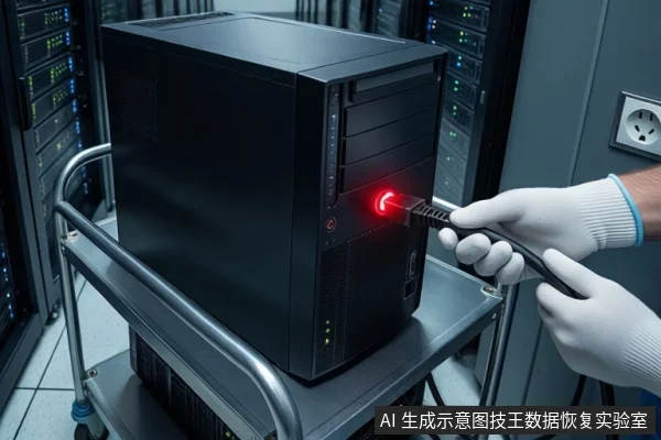 服务器机房内,黑色塔式主机放在金属推车上,正面电源按钮亮红灯。前景一双戴白手套的手正持握黑色线缆插头,对准主机接口。