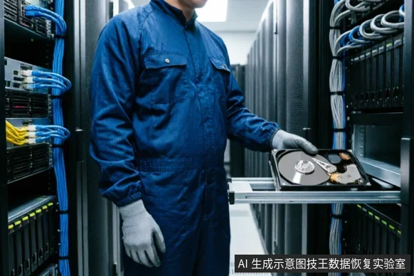身穿蓝色工装的技术人员戴着手套,在服务器机房环境中手持托盘展示一块裸露的机械硬盘内部结构。画面呈现了专业机构对存储介质进行物理检测的场景,强调了非专业环境下禁止自行拆解的原则。