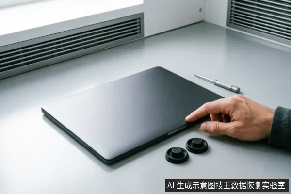 A hand opens a laptop lid on a desk next to two hard drive mounting screws and a screwdriver, illustrating hardware access.