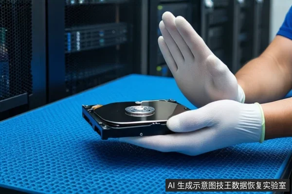 机房环境中,蓝色防静电垫上平放一块打开外壳的机械硬盘,露出盘片与磁头组件。右侧一双戴白色手套的手正托举着该硬盘,背景是模糊的服务器机柜。