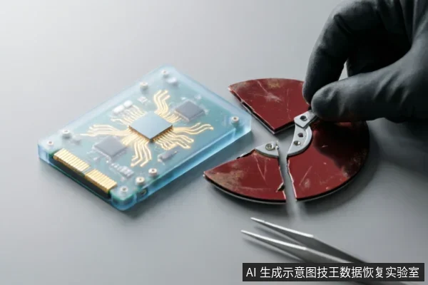 画面展示了一个透明封装的芯片模块与一个被拆解成扇形的红色机械硬盘盘片。一只戴手套的手正使用镊子操作盘片中心的金属轴心部件，旁边放置着另一把镊子。整体呈现精密电子元件拆解或数据恢复的物理操作场景。
