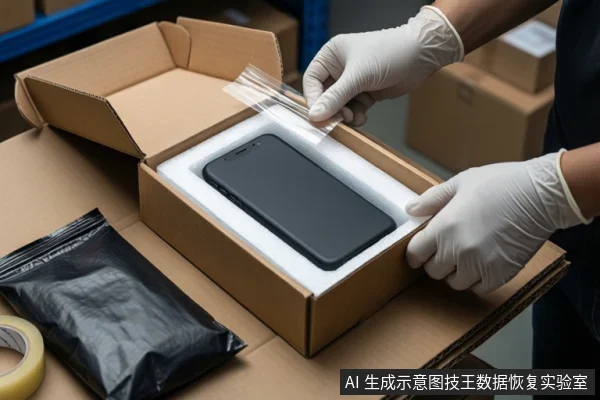 仓库环境中，木质桌面上放置一个装有白色泡沫的纸箱，泡沫中固定着一部黑屏智能手机。左侧放置一个黑色防静电袋和一卷透明胶带。一双戴白色手套的手正持透明塑料膜，准备覆盖手机。背景可见货架和堆叠的纸箱。