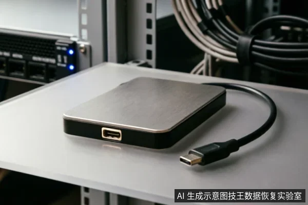 一张放置在白色层板上的银黑色金属外壳移动硬盘,侧面可见USB接口,连接着一根黑色数据线。背景模糊显示带有蓝色指示灯的服务器机架及理线后的线缆,呈现出机房或数据恢复检测环境的氛围。