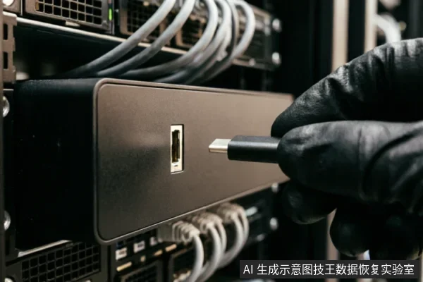 一只戴着黑色手套的手正将USB数据线插入机架式服务器设备的接口,背景可见密集的线缆与硬件结构。画面展示了检查外部连接链、确认接口物理连接完整性的操作场景。