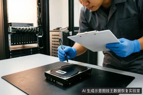 一名身穿深色工作服、佩戴蓝色防静电手套的技术人员,正手持写字板和笔,在服务器机房背景下仔细检查放置在黑色防静电垫上的硬盘。
