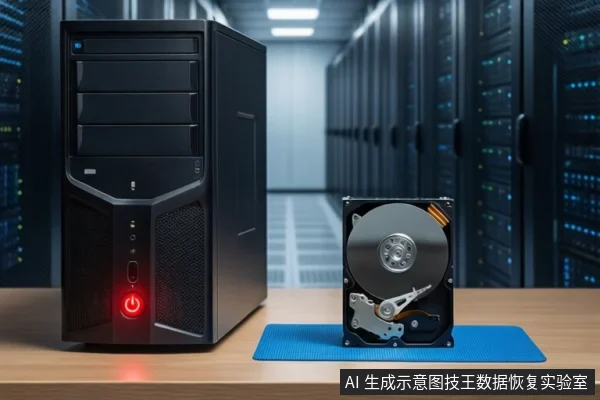 木质桌面上,左侧竖立一台黑色塔式主机,电源按钮亮红灯。右侧蓝色防静电垫上平放一块打开外壳的机械硬盘,露出盘片与磁头组件。背景为服务器机房通道。