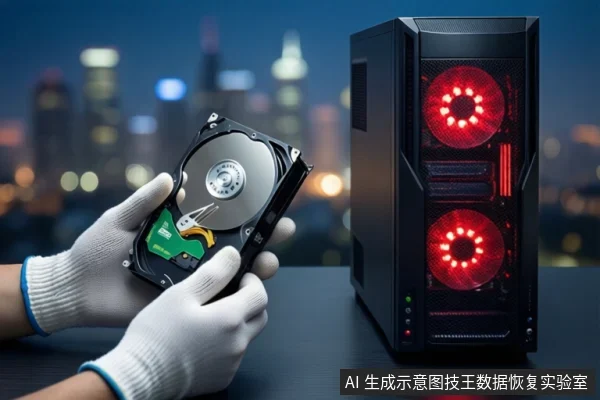 深色桌面上，左侧一双戴白手套的手持握一块打开外壳的机械硬盘，右侧竖立一台亮着红色风扇的黑色塔式主机，背景为模糊的城市夜景。