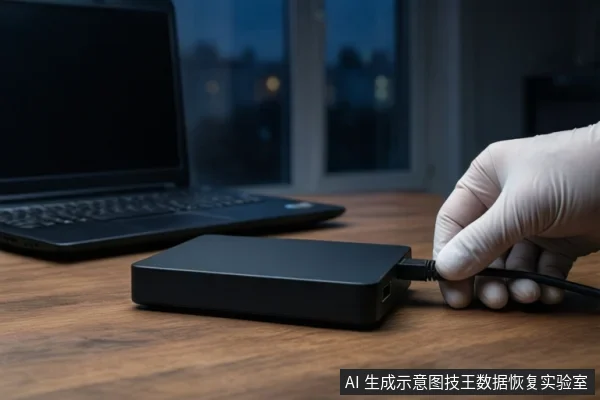 木质桌面上平放一台黑屏笔记本电脑和一个黑色移动硬盘,一只戴白手套的手正握持黑色线缆,将其插入硬盘侧面接口,背景为模糊的窗户。